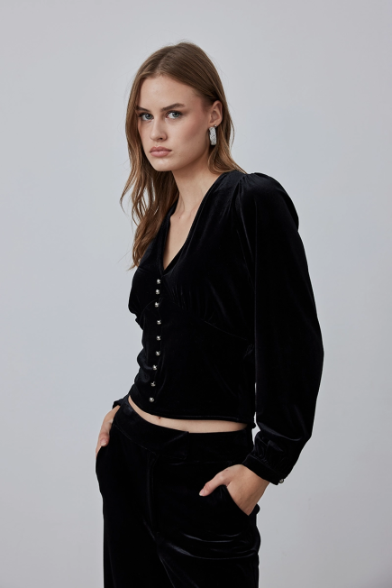 V Neck Velvet Blouse - Black Black