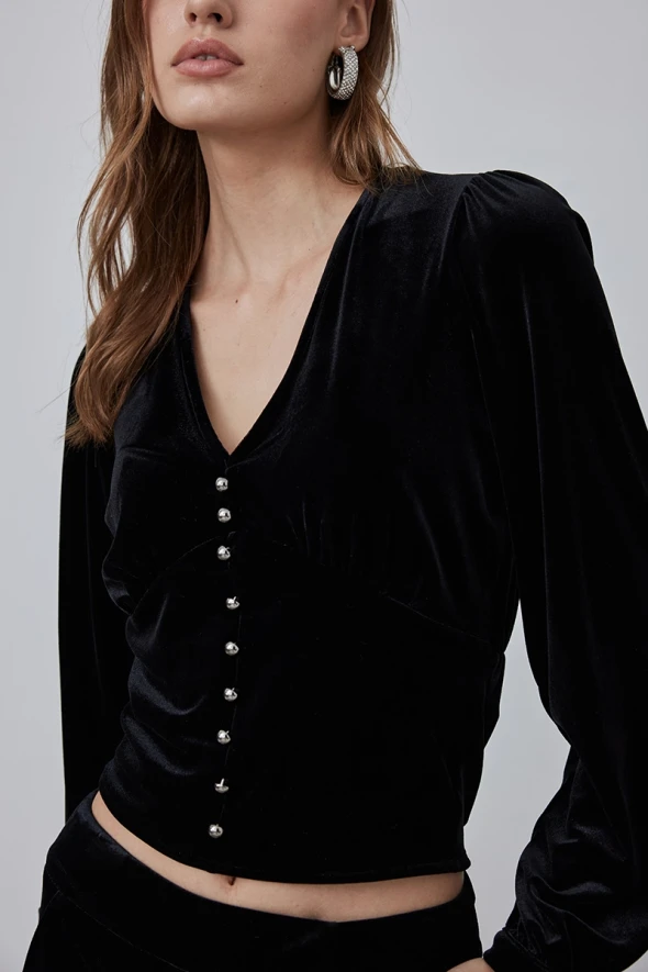 V Neck Velvet Blouse - Black - 6