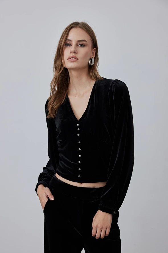 V Neck Velvet Blouse - Black - 4