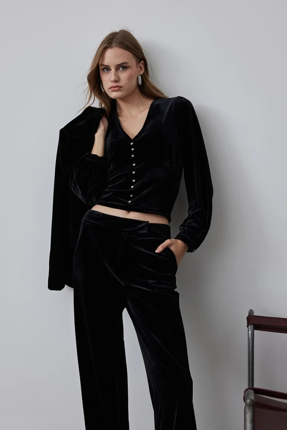 V Neck Velvet Blouse - Black - 7