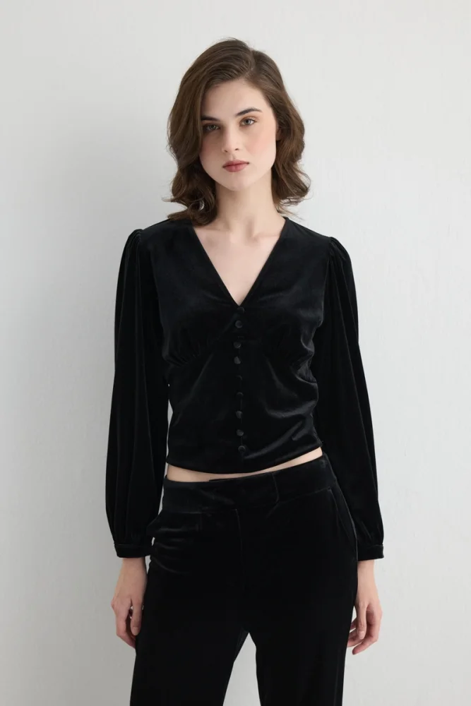 V Neck Velvet Blouse Black