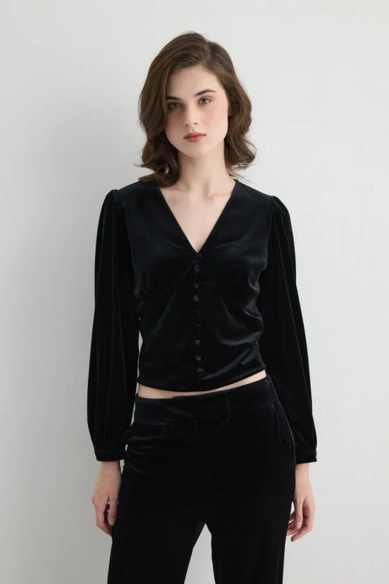 V Neck Velvet Blouse Black - 1