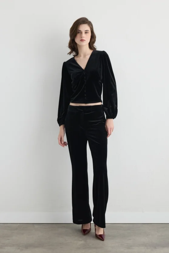 V Neck Velvet Blouse Black - 4
