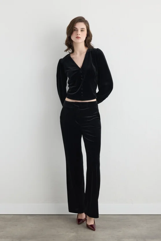 V Neck Velvet Blouse Black - 2