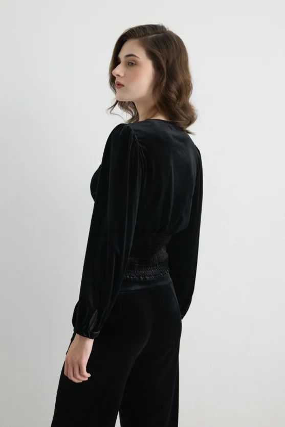 V Neck Velvet Blouse Black - Gusto