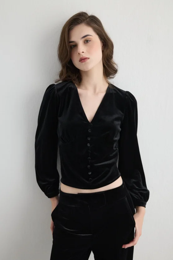 V Neck Velvet Blouse Black - Gusto