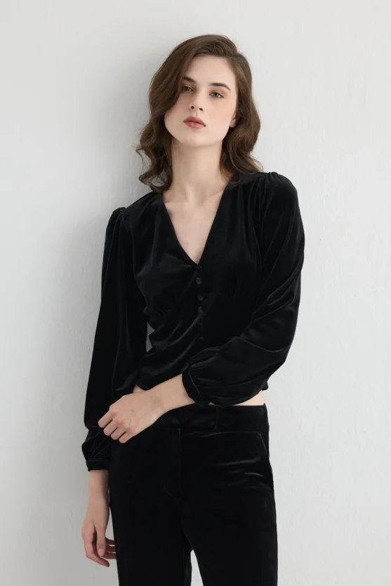 V Neck Velvet Blouse Black - Gusto