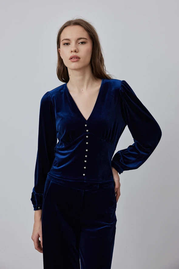 V Neck Velvet Blouse - Navy Blue - 1