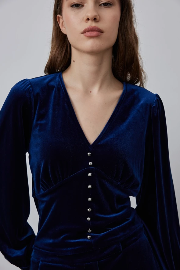 V Neck Velvet Blouse - Navy Blue - 2