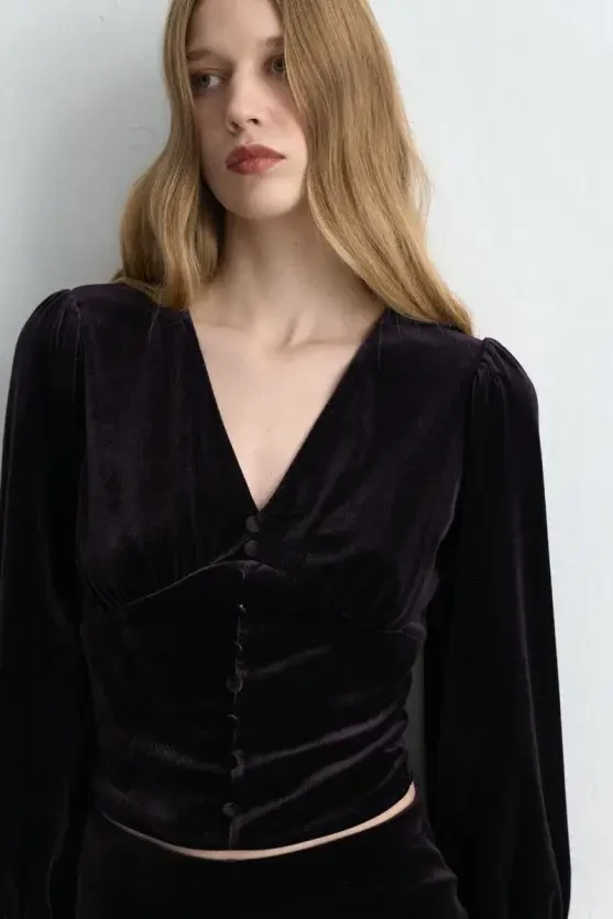 V-Neck Velvet Blouse - Plum - 2