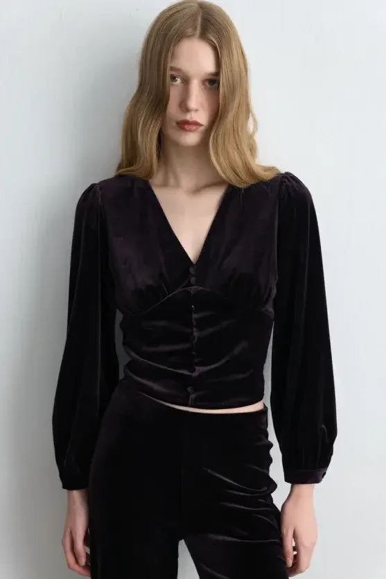 V-Neck Velvet Blouse - Plum - 1