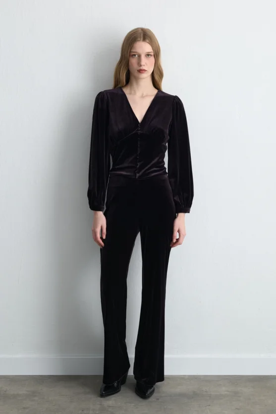 V Neck Velvet Blouse Plum - Gusto