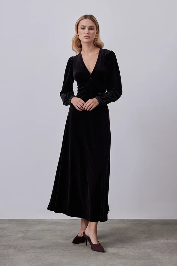 V Neck Velvet Long Dress - Black - 2