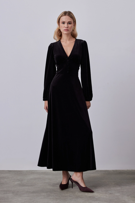 V Neck Velvet Long Dress - Black Black