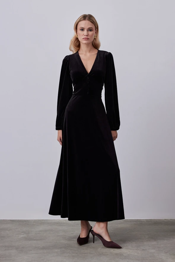 V Neck Velvet Long Dress - Black - 1