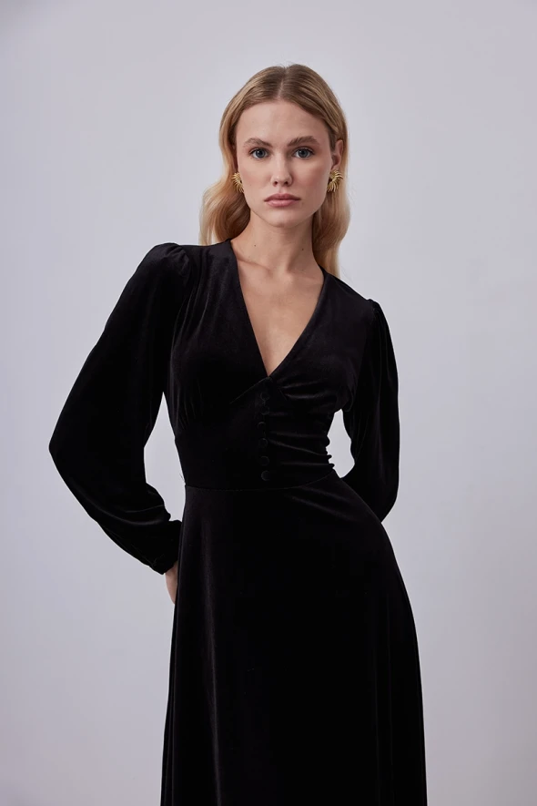 V Neck Velvet Long Dress - Black - 3