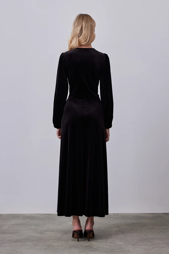 V Neck Velvet Long Dress - Black - 5