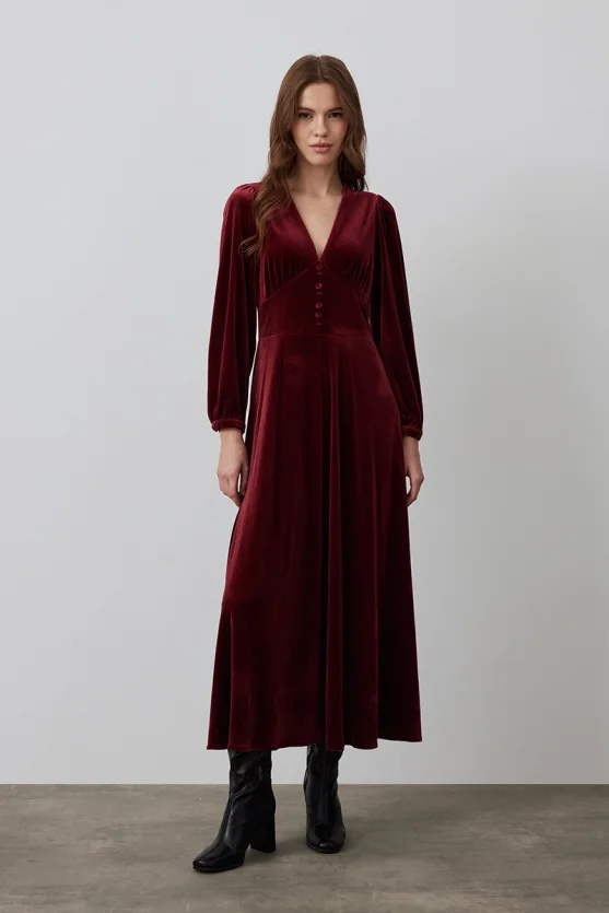V-Neck Velvet Long Dress - Burgundy - Gusto