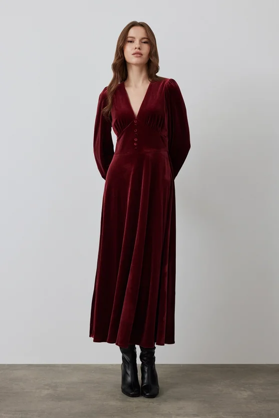 V-Neck Velvet Long Dress - Burgundy - 2