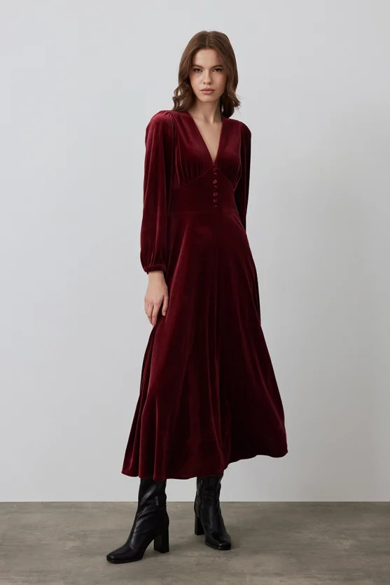 V-Neck Velvet Long Dress - Burgundy - Gusto