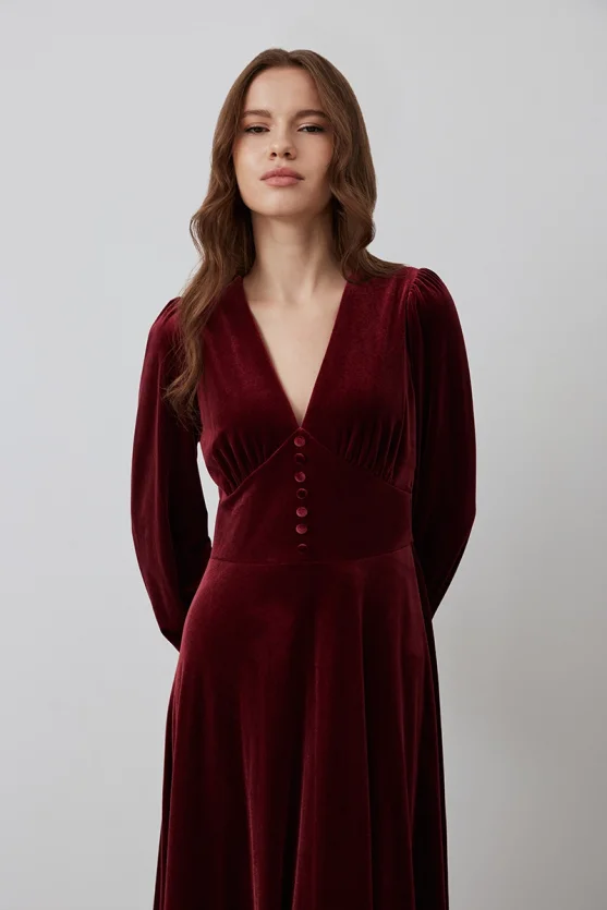 V-Neck Velvet Long Dress - Burgundy - Gusto