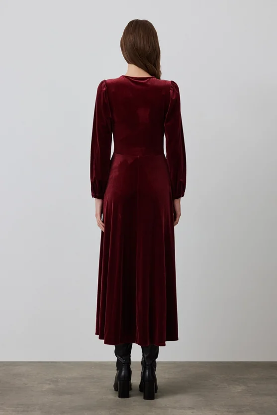 V-Neck Velvet Long Dress - Burgundy - Gusto
