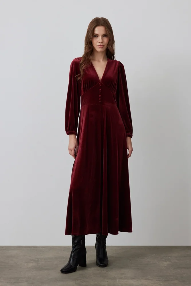 V-Neck Velvet Long Dress - Burgundy Burgundy