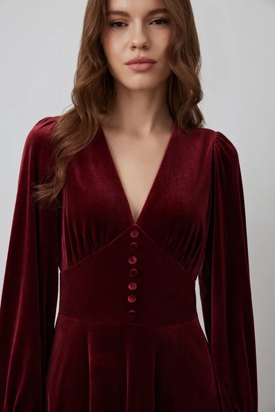 V-Neck Velvet Long Dress - Burgundy - Gusto