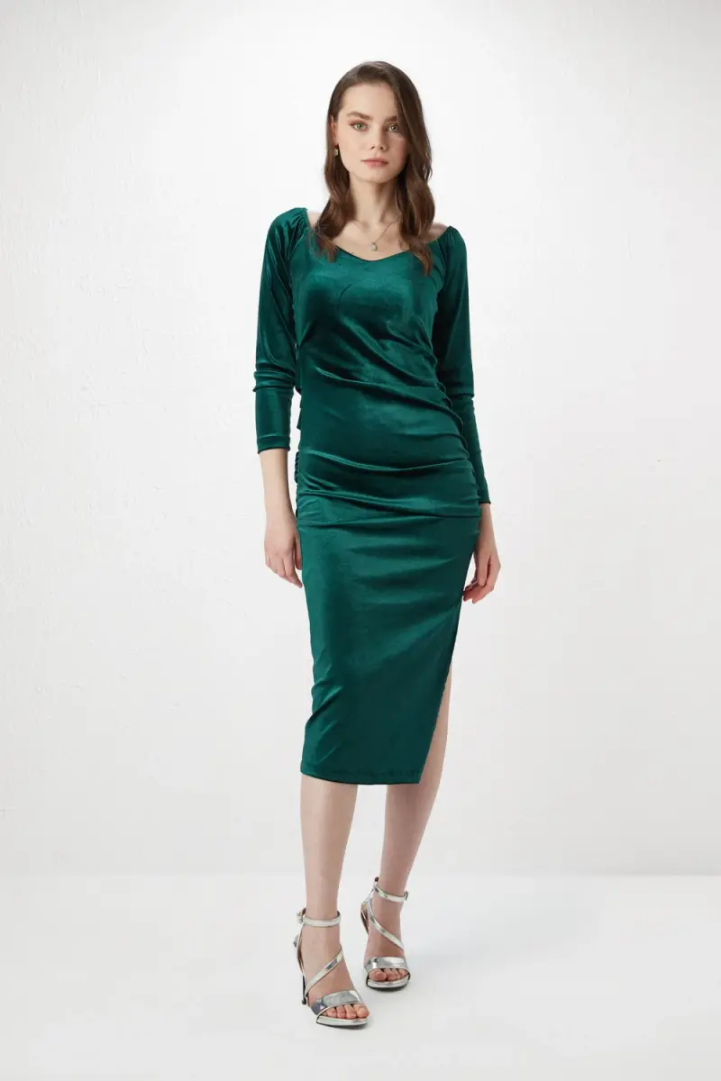 V-Neck Velvet Long Dress - Green - 1