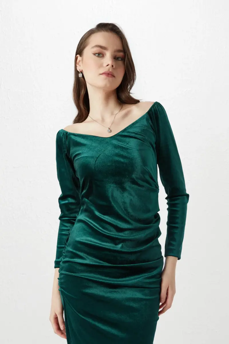 V-Neck Velvet Long Dress - Green - 4