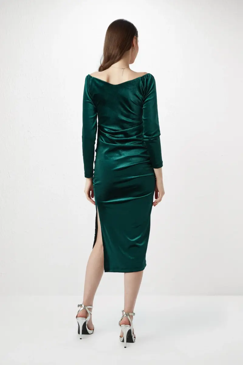 V-Neck Velvet Long Dress - Green - 7
