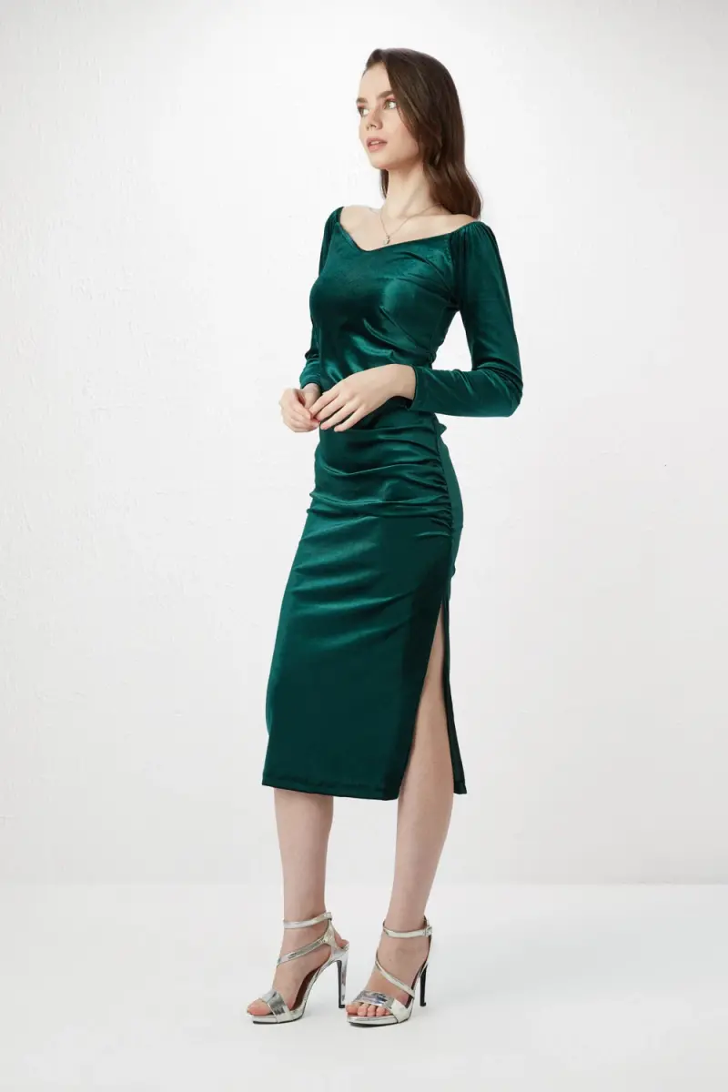 V-Neck Velvet Long Dress - Green - 2