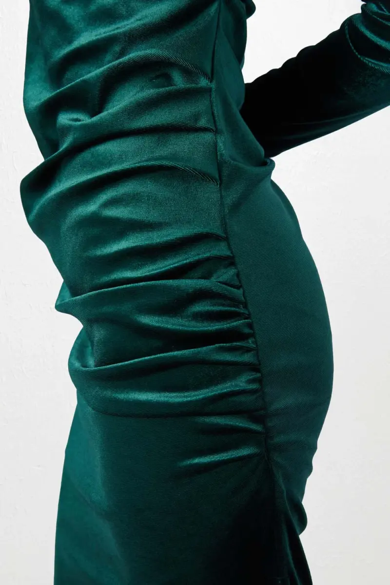 V-Neck Velvet Long Dress - Green - 6