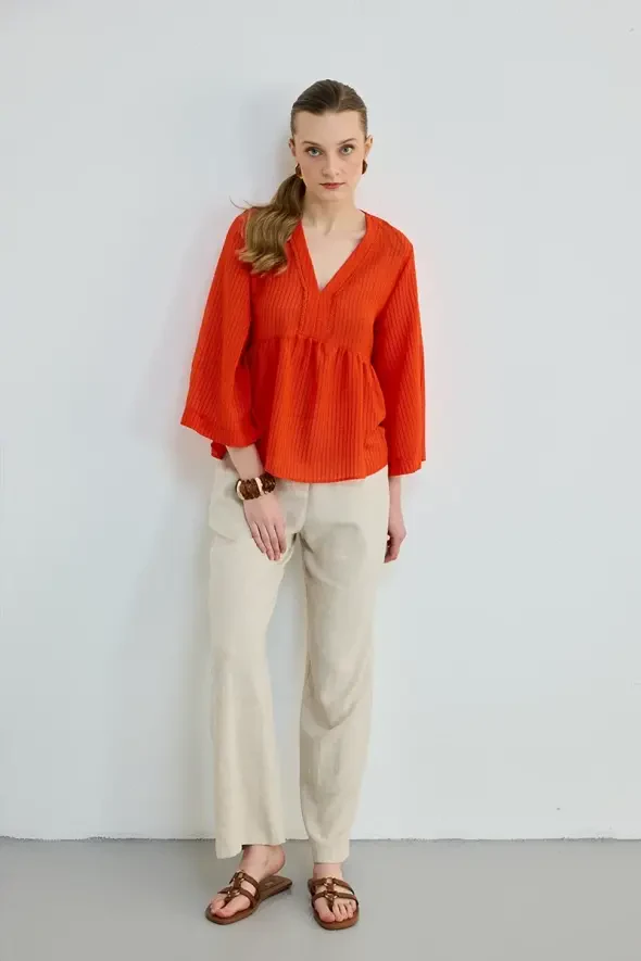 V-Neck Viscose Blouse - Orange - Gusto