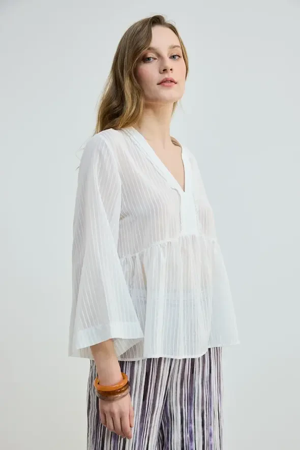 V-Neck Viscose Blouse - White - 3