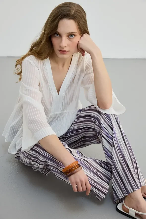 V-Neck Viscose Blouse - White - 2