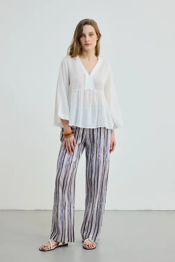 V-Neck Viscose Blouse - White - 4