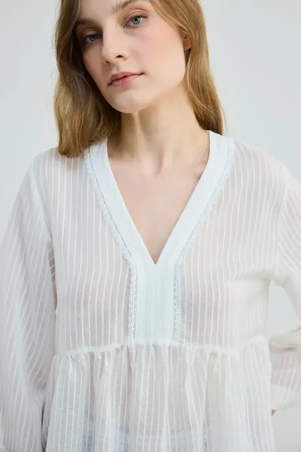 V-Neck Viscose Blouse - White - 5