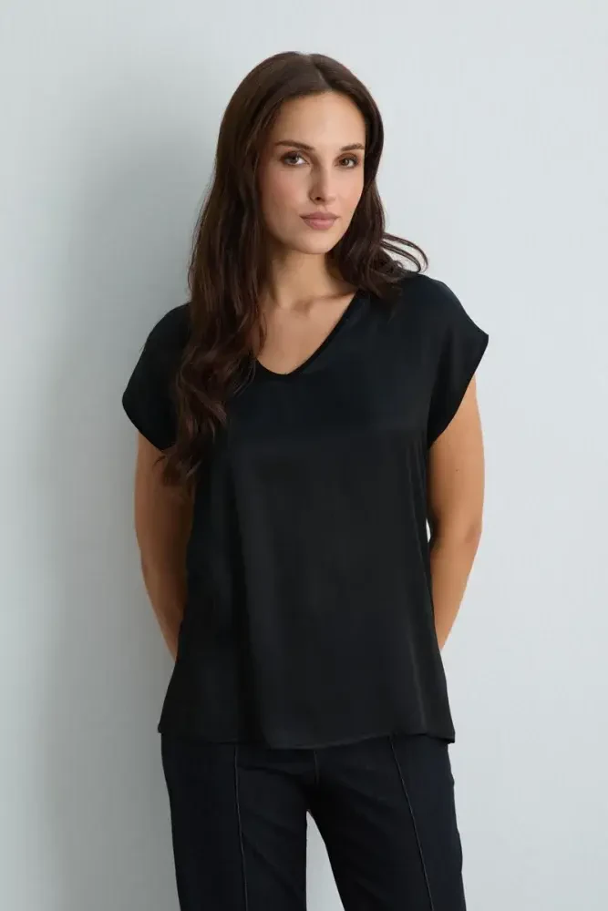 V-Neck Viscose Front Satin T-Shirt - Black Black
