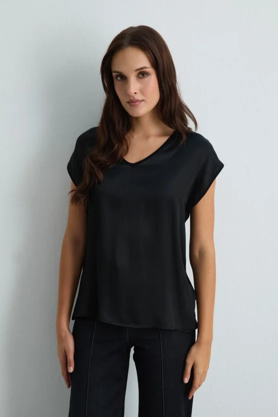 V Neck Viscose Front Satin T Shirt Black - Gusto