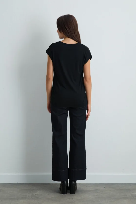 V Neck Viscose Front Satin T Shirt Black - 5