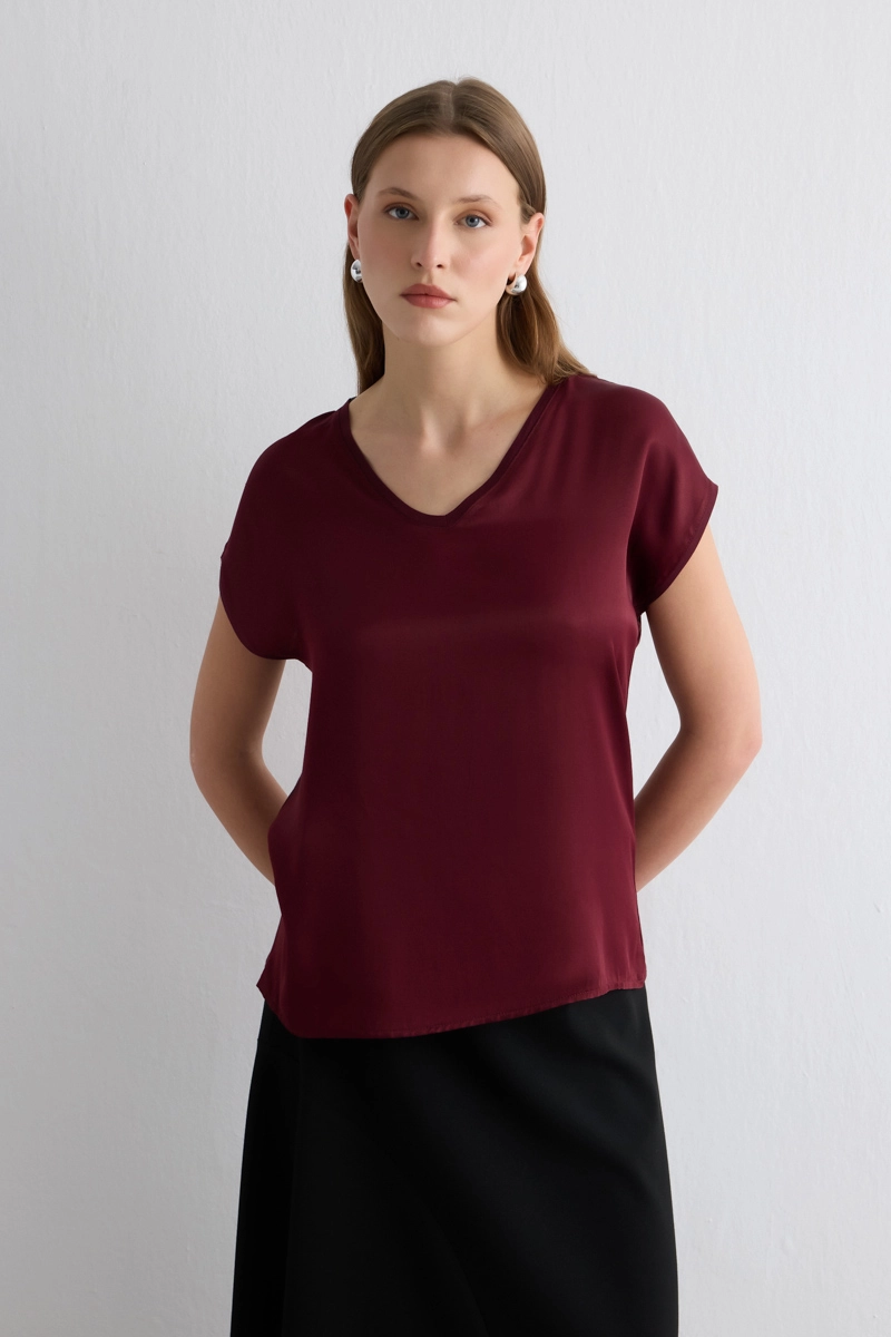 V-Neck Viscose Front Satin T-Shirt - Burgundy Burgundy