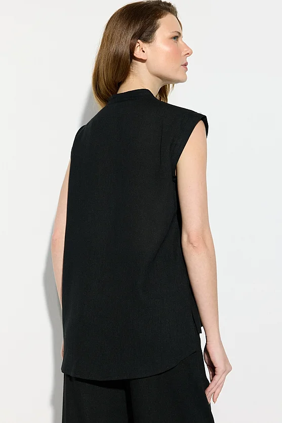 V-Neck Viscose Linen Blouse - Black - Gusto