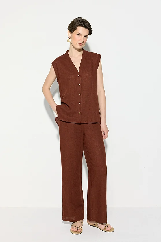 V-Neck Viscose Linen Blouse - Brick Red - Gusto
