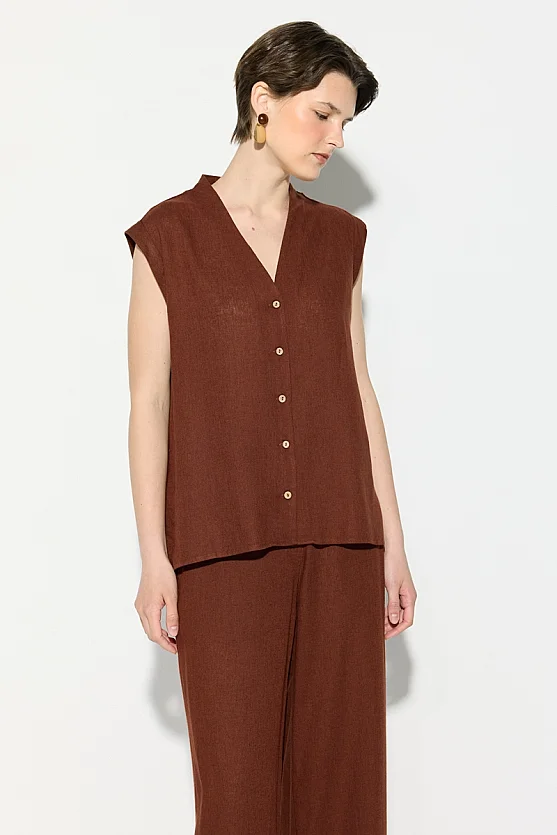 V-Neck Viscose Linen Blouse - Brick Red - 4