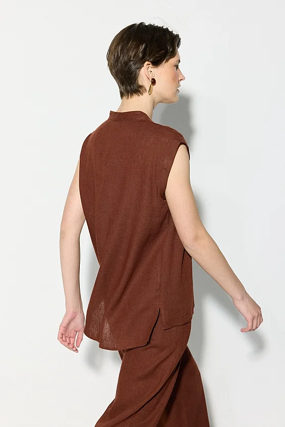 V-Neck Viscose Linen Blouse - Brick Red - Gusto