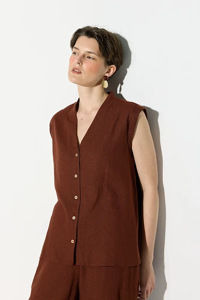 V-Neck Viscose Linen Blouse - Brick Red - Gusto