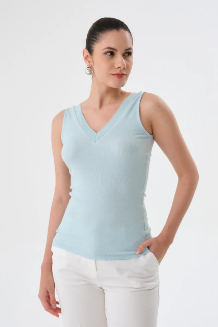 V-Neck Viscose Ribbed Tank Top - Turquoise Turquoise