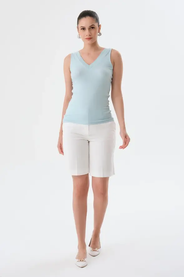 V-Neck Viscose Ribbed Tank Top - Turquoise - 2