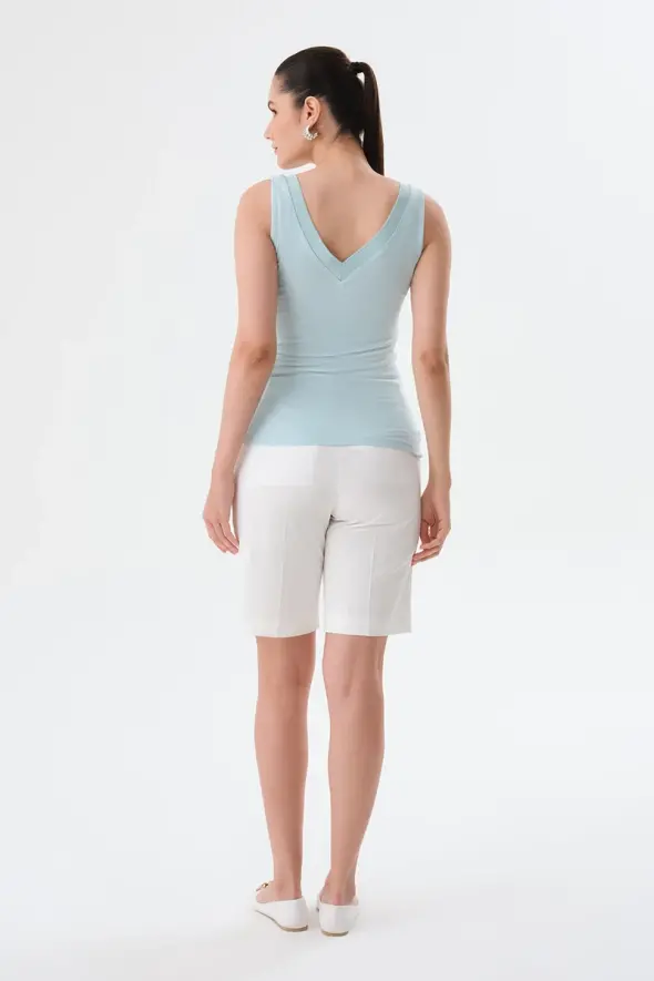 V-Neck Viscose Ribbed Tank Top - Turquoise - 4